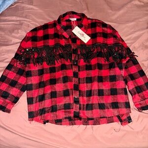 Red and Black Plaid Shirt with Fringe